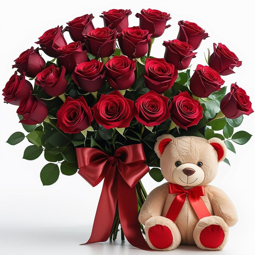 Teddy Love With 10 Red Roses Bouquet